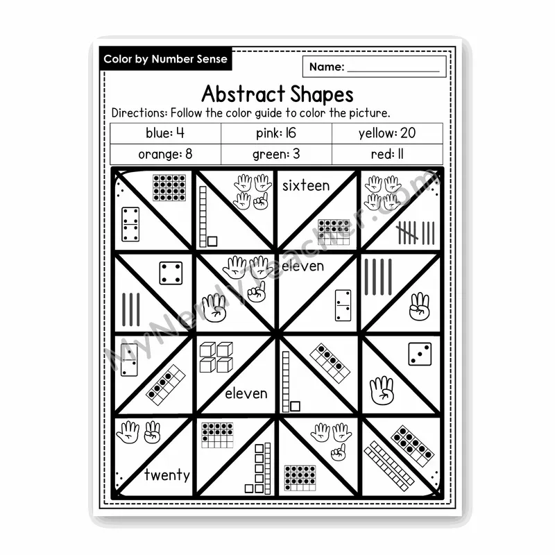 Abstract Shapes Color by Number Sense — Numbers to 20 Worksheet (Set 8)