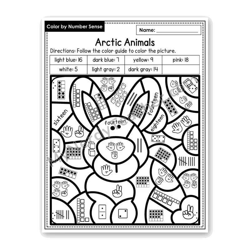 Arctic Animals Color by Number Sense — Numbers to 20 Worksheet (Set 2)