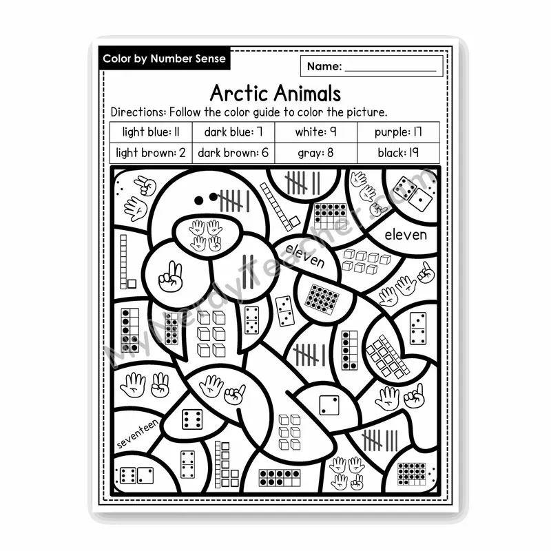 Arctic Animals Color by Number Sense — Numbers to 20 Worksheet (Set 3)