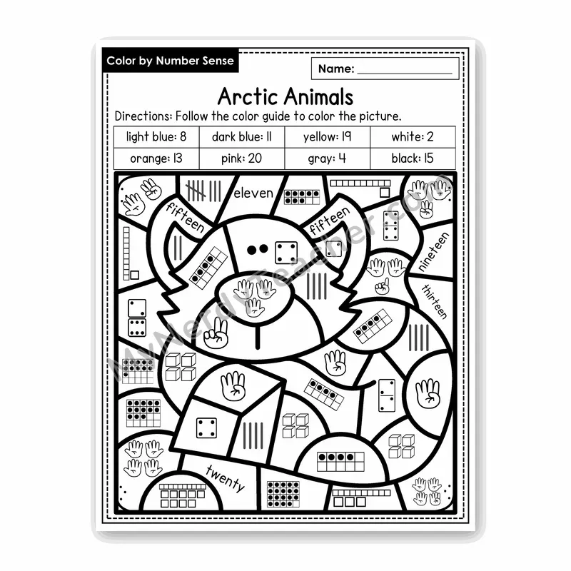 Arctic Animals Color by Number Sense — Numbers to 20 Worksheet (Set 1)