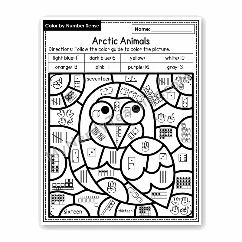 Arctic Animals Color by Number Sense — Numbers to 20 Worksheet (Set 8)