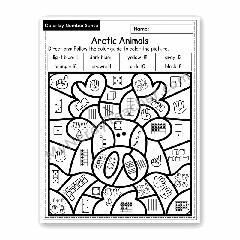 Arctic Animals Color by Number Sense — Numbers to 20 Worksheet (Set 4)