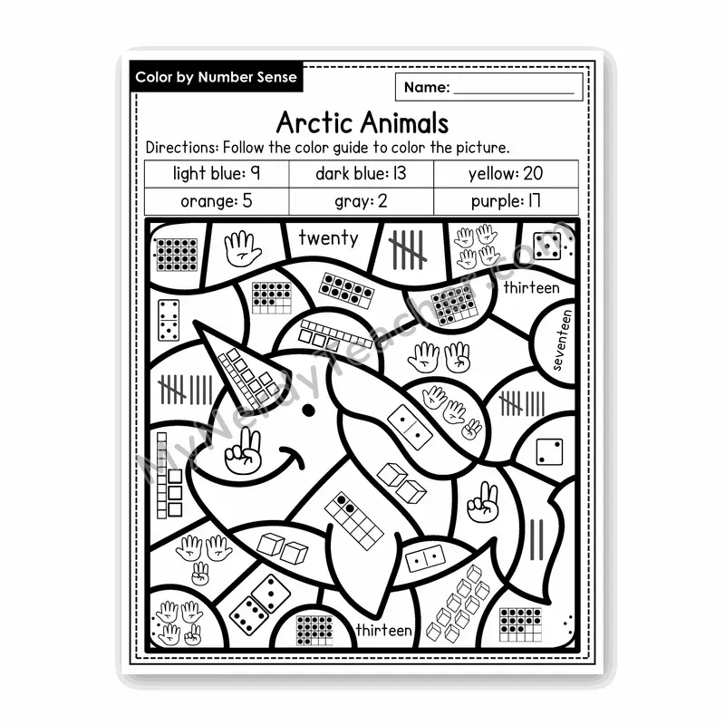 Arctic Animals Color by Number Sense — Numbers to 20 Worksheet (Set 5)