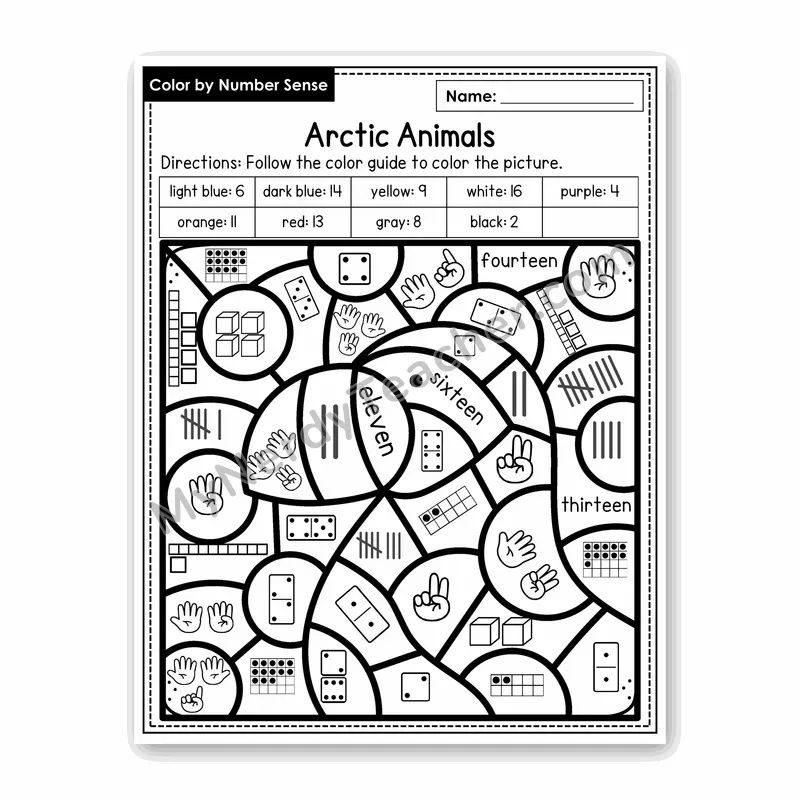 Arctic Animals Color by Number Sense — Numbers to 20 Worksheet (Set 7)