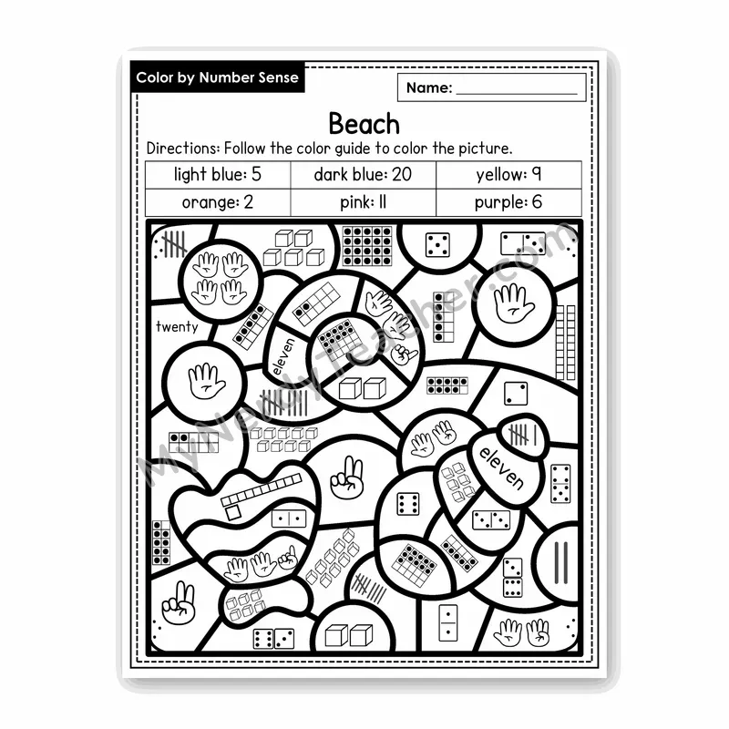 Beach Color by Number Sense — Numbers to 20 Worksheet (Set 1)
