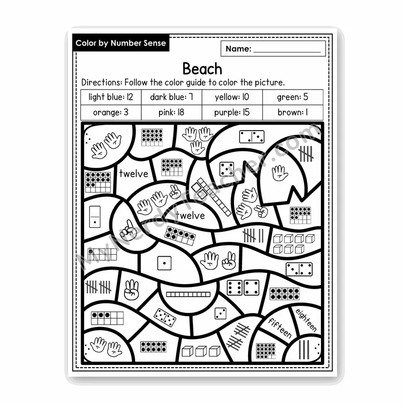 Beach Color by Number Sense — Numbers to 20 Worksheet (Set 3)
