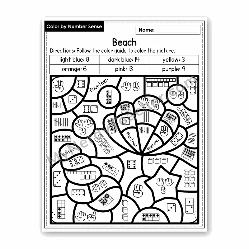 Beach Color by Number Sense — Numbers to 20 Worksheet (Set 2)