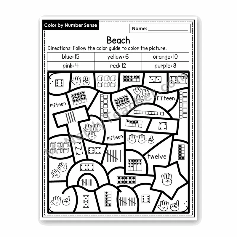 Beach Color by Number Sense — Numbers to 20 Worksheet (Set 5)