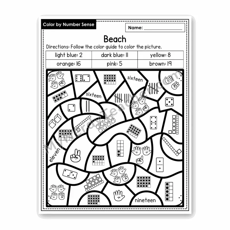 Beach Color by Number Sense — Numbers to 20 Worksheet (Set 4)