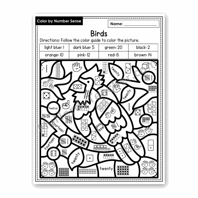 Birds Color by Number Sense — Numbers to 20 Worksheet (Set 1)