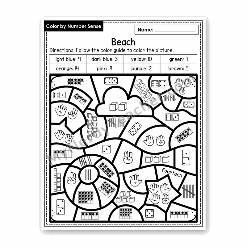 Beach Color by Number Sense — Numbers to 20 Worksheet (Set 7)
