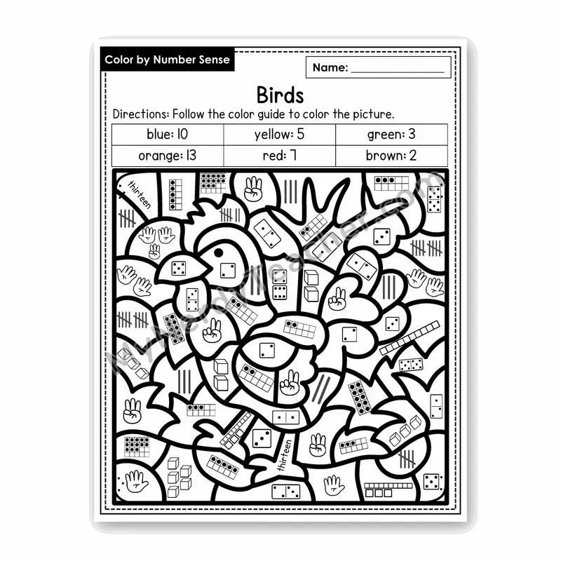 Birds Color by Number Sense — Numbers to 20 Worksheet (Set 2)