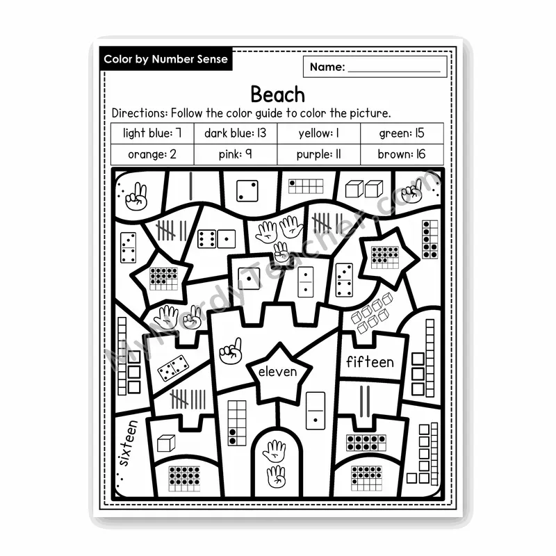 Beach Color by Number Sense — Numbers to 20 Worksheet (Set 6)