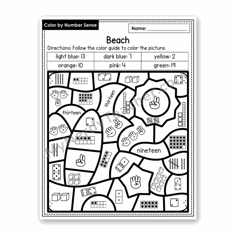 Beach Color by Number Sense — Numbers to 20 Worksheet (Set 8)