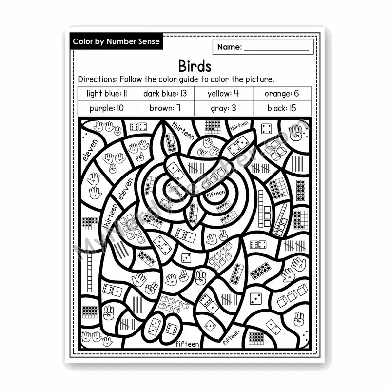Birds Color by Number Sense — Numbers to 20 Worksheet (Set 7)