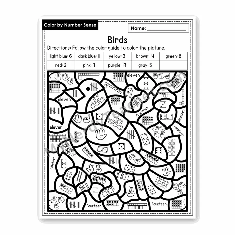Birds Color by Number Sense — Numbers to 20 Worksheet (Set 3)