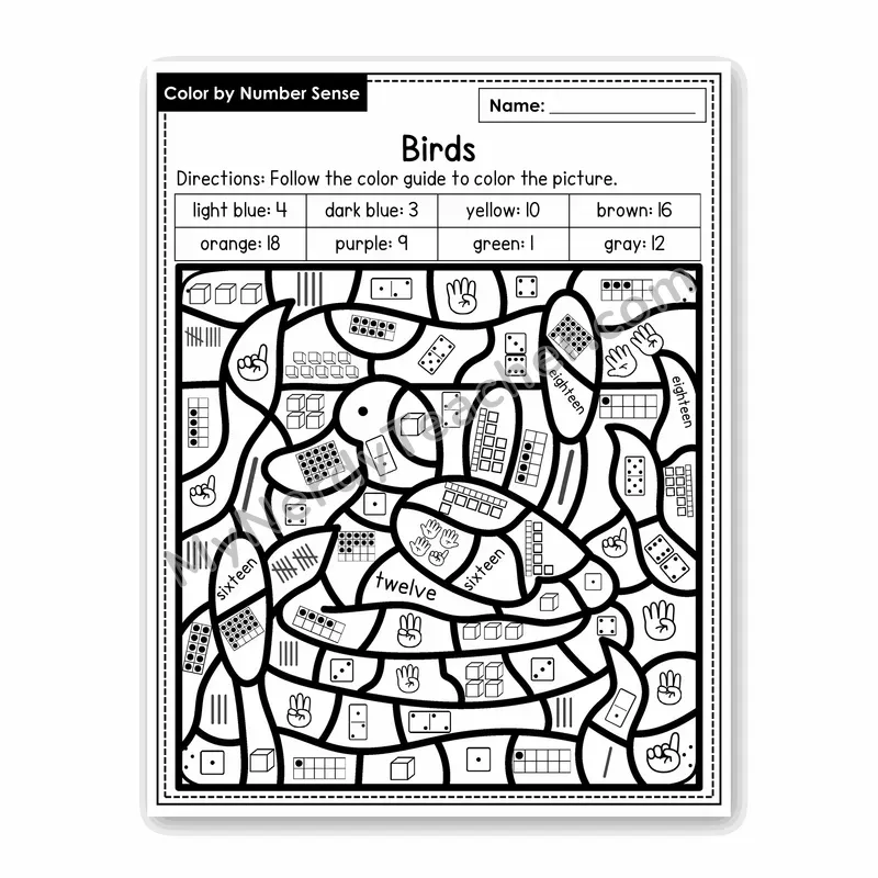 Birds Color by Number Sense — Numbers to 20 Worksheet (Set 4)