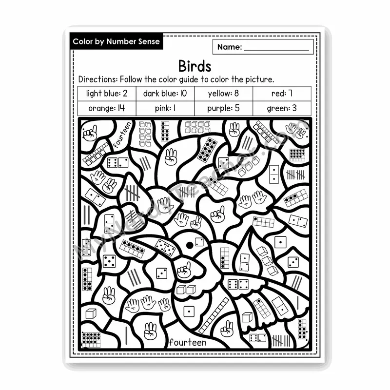 Birds Color by Number Sense — Numbers to 20 Worksheet (Set 6)