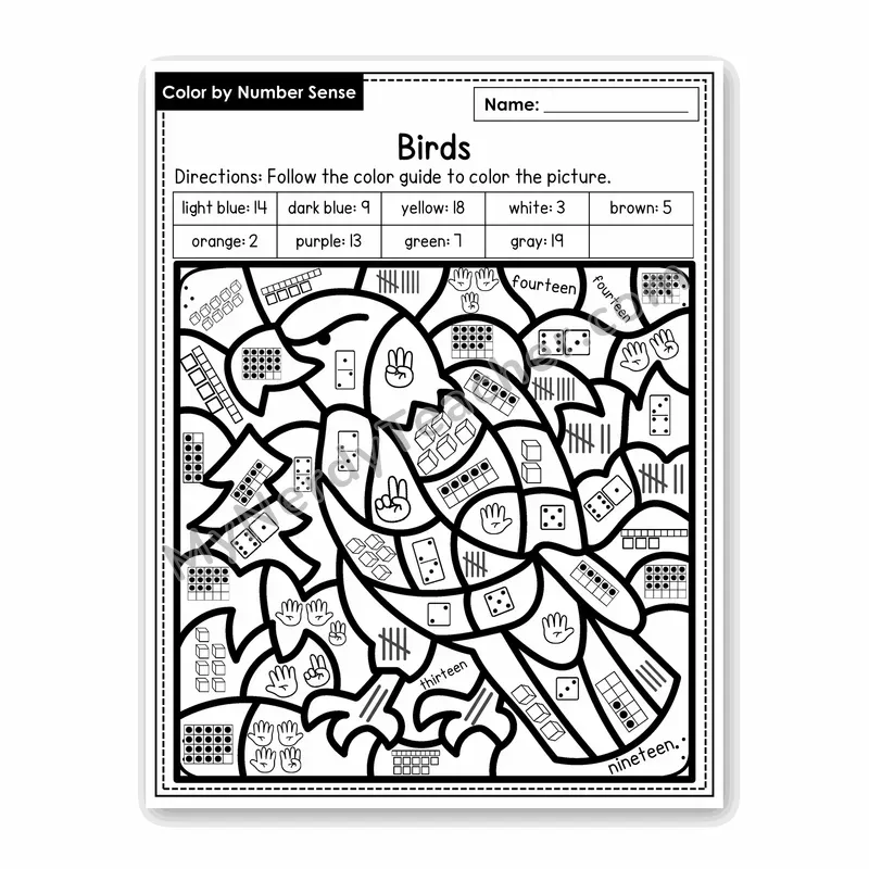 Birds Color by Number Sense — Numbers to 20 Worksheet (Set 5)