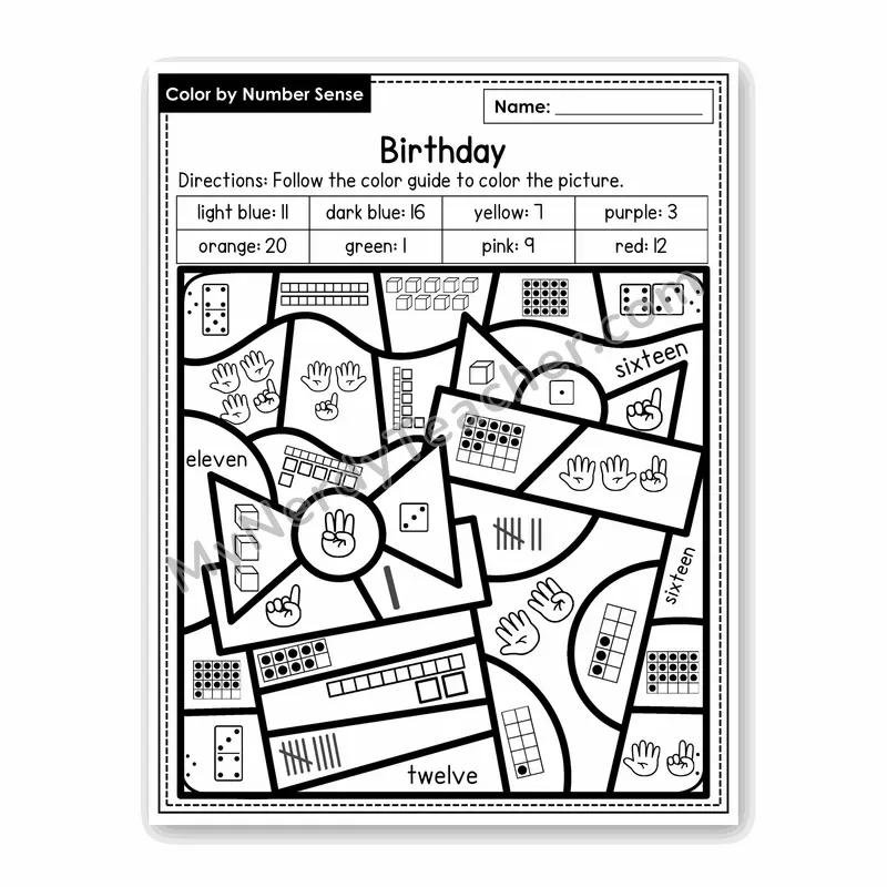 Birthday Color by Number Sense — Numbers to 20 Worksheet (Set 4)