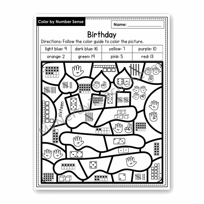Birthday Color by Number Sense — Numbers to 20 Worksheet (Set 3)