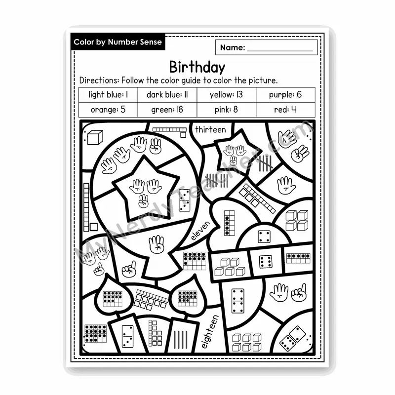 Birthday Color by Number Sense — Numbers to 20 Worksheet (Set 2)