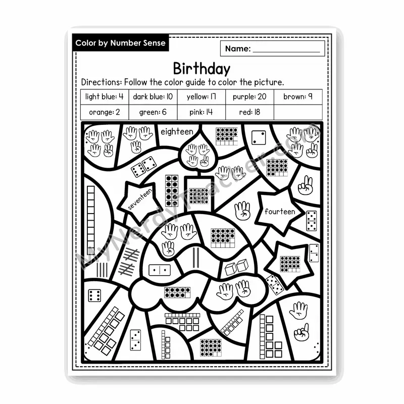 Birthday Color by Number Sense — Numbers to 20 Worksheet (Set 1)