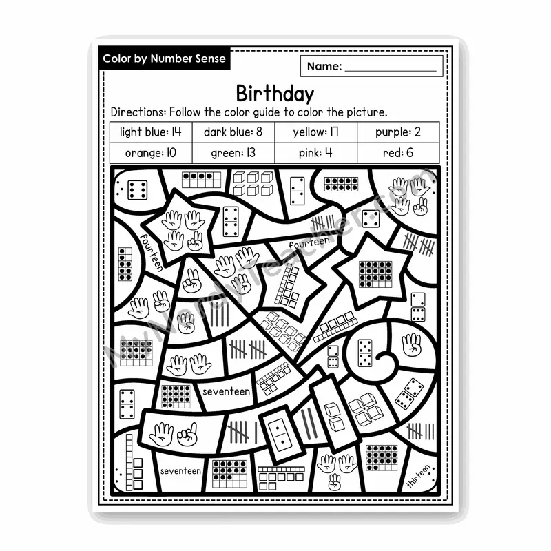 Birthday Color by Number Sense — Numbers to 20 Worksheet (Set 5)