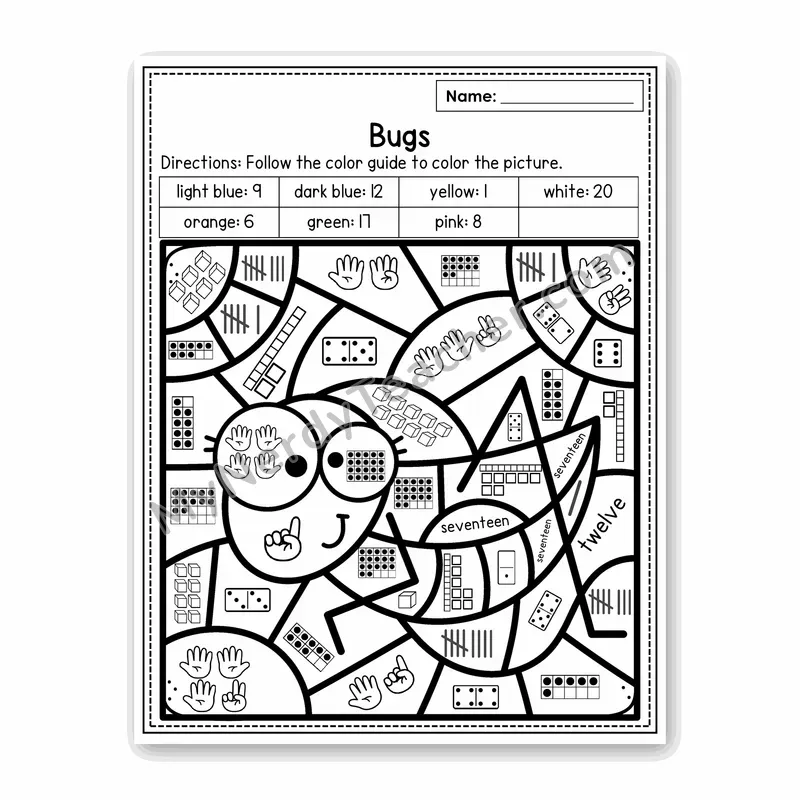 Bugs Color by Number Sense — Numbers to 20 Worksheet (Set 1)