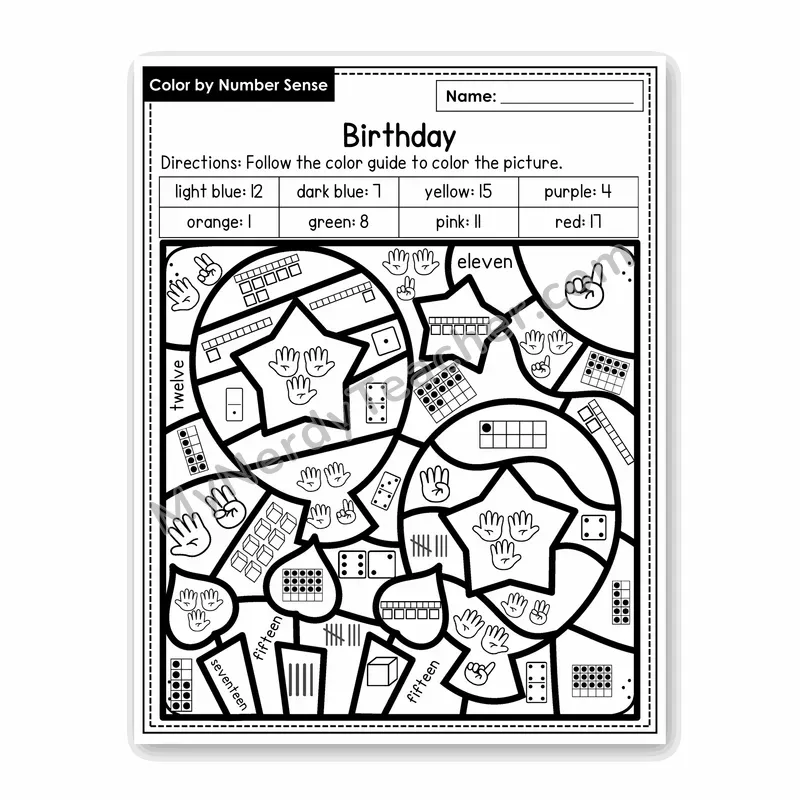 Birthday Color by Number Sense — Numbers to 20 Worksheet (Set 7)