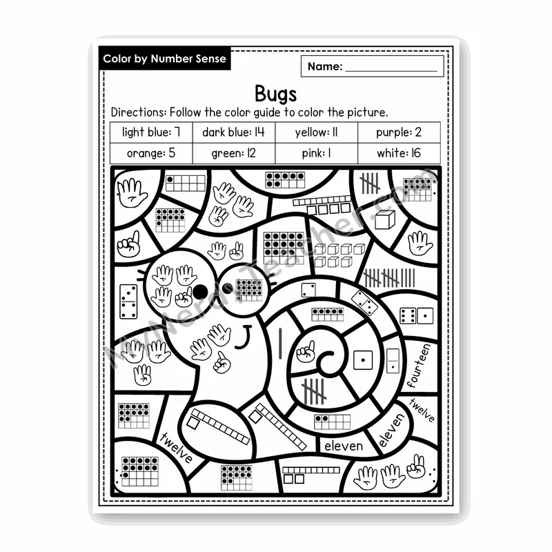 Bugs Color by Number Sense — Numbers to 20 Worksheet (Set 5)