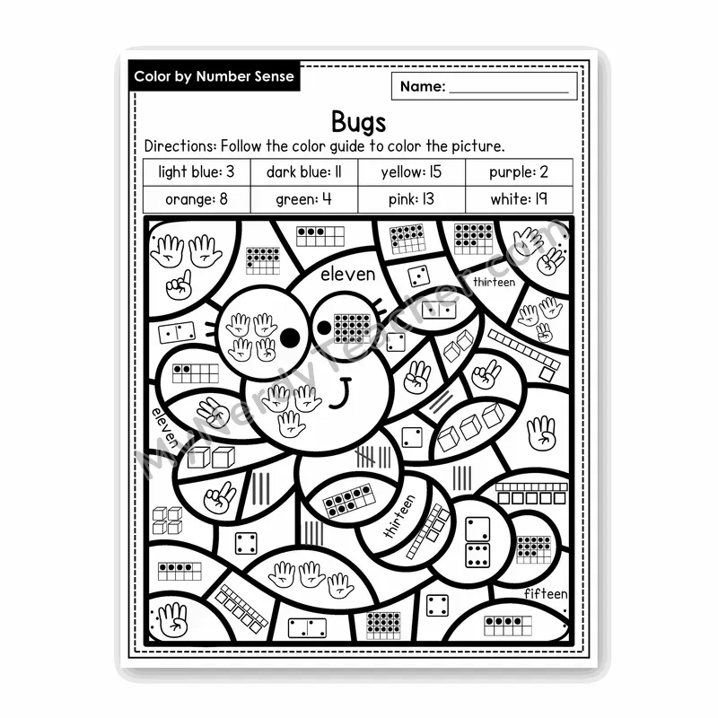 Bugs Color by Number Sense — Numbers to 20 Worksheet (Set 2)
