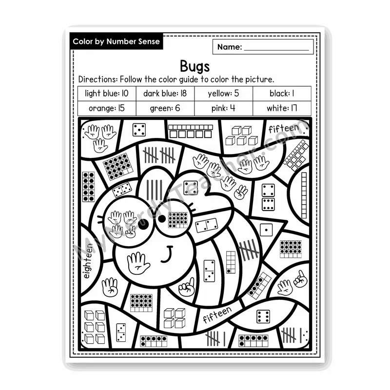 Bugs Color by Number Sense — Numbers to 20 Worksheet (Set 4)