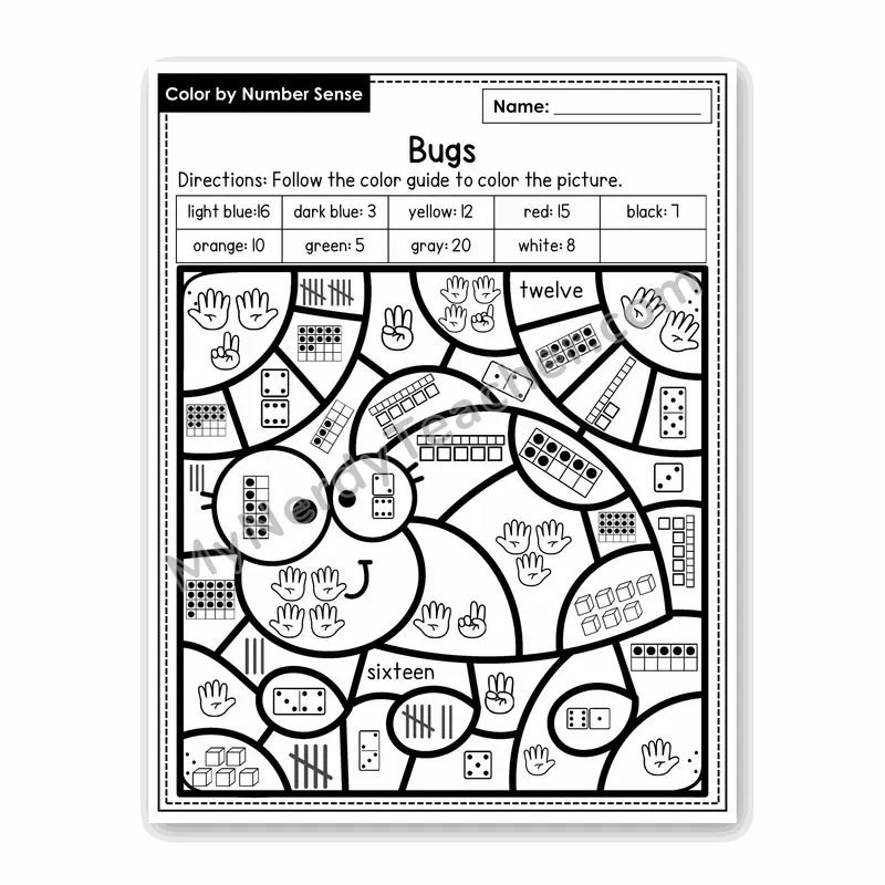 Bugs Color by Number Sense — Numbers to 20 Worksheet (Set 3)
