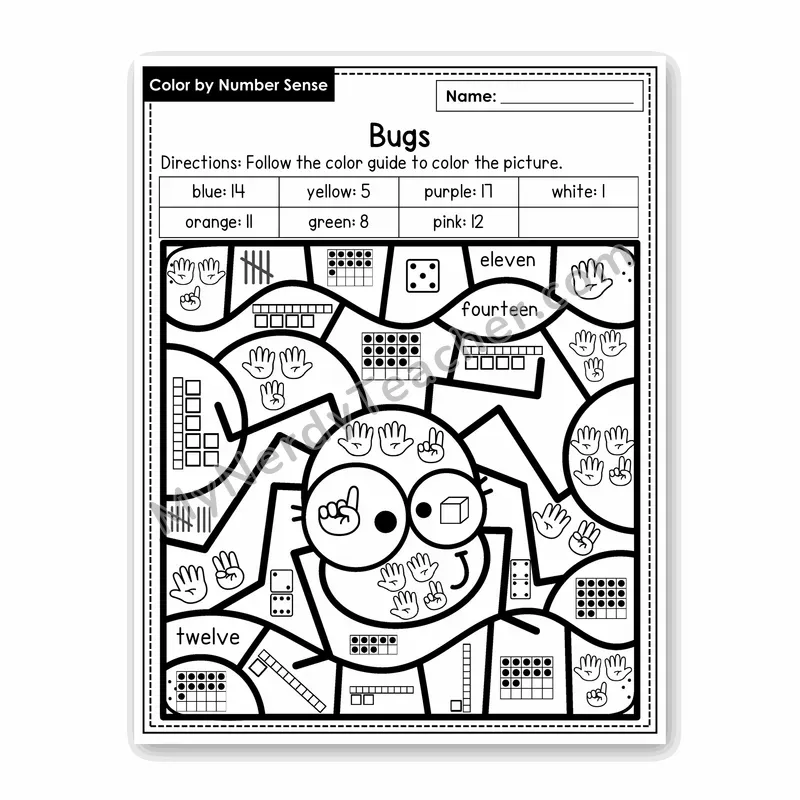 Bugs Color by Number Sense — Numbers to 20 Worksheet (Set 6)