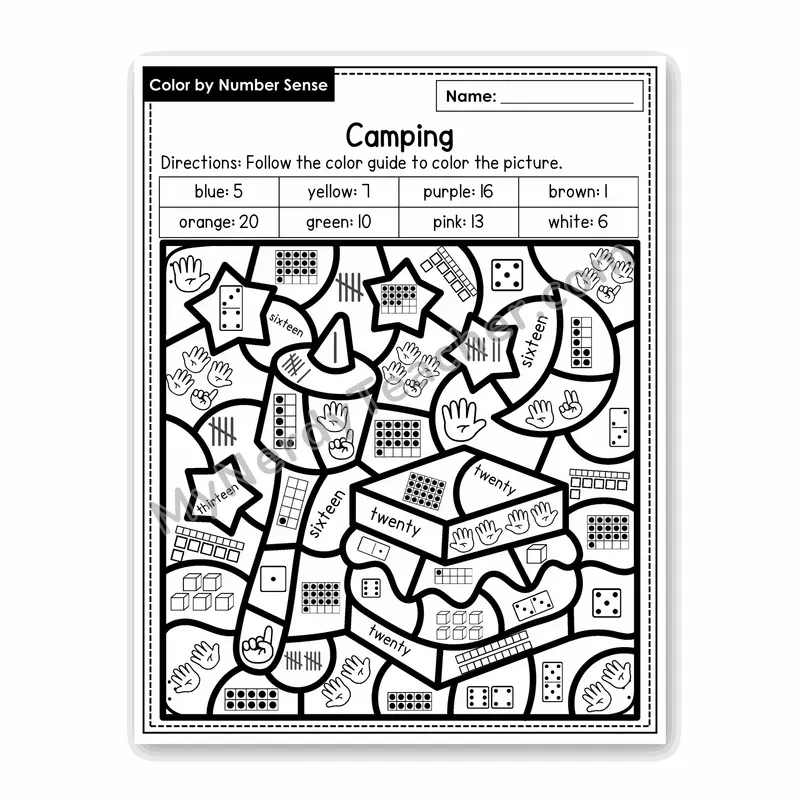 Camping Color by Number Sense — Numbers to 20 Worksheet (Set 3)