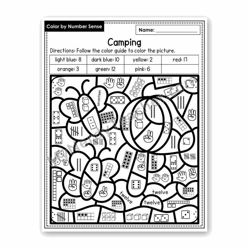 Camping Color by Number Sense — Numbers to 20 Worksheet (Set 2)
