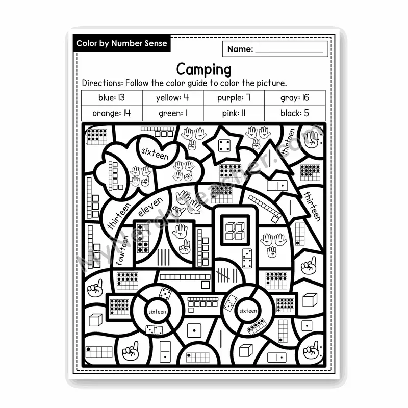 Camping Color by Number Sense — Numbers to 20 Worksheet (Set 1)