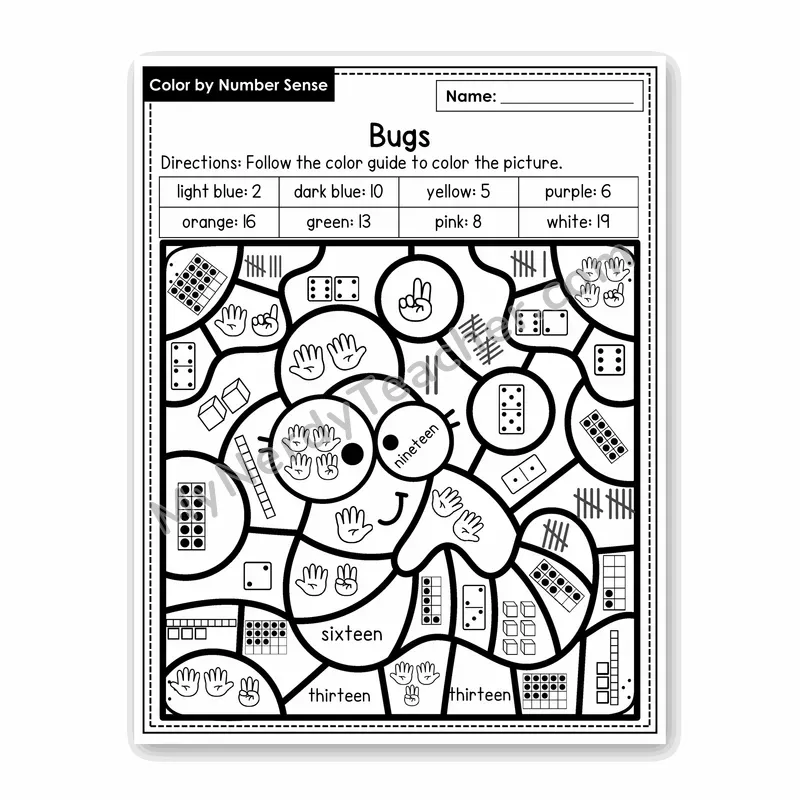 Bugs Color by Number Sense — Numbers to 20 Worksheet (Set 7)