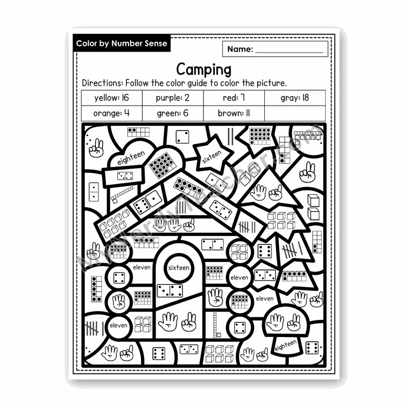 Camping Color by Number Sense — Numbers to 20 Worksheet (Set 7)