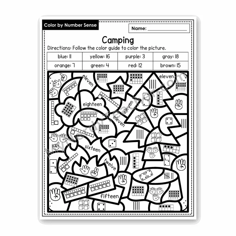 Camping Color by Number Sense — Numbers to 20 Worksheet (Set 4)