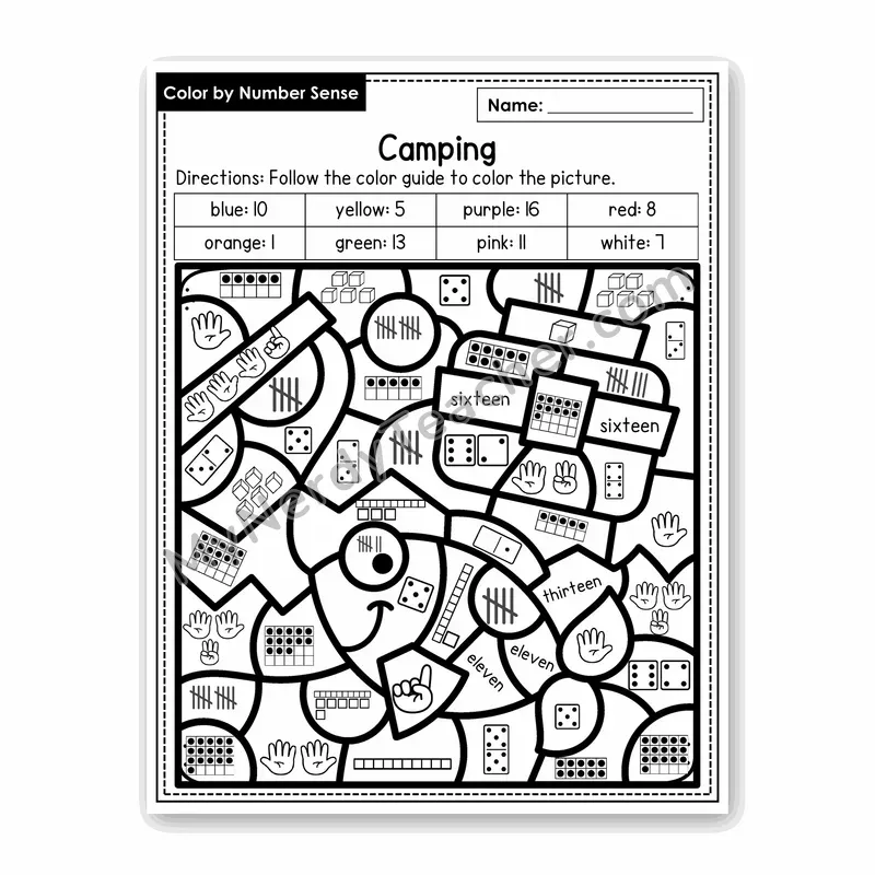 Camping Color by Number Sense — Numbers to 20 Worksheet (Set 6)