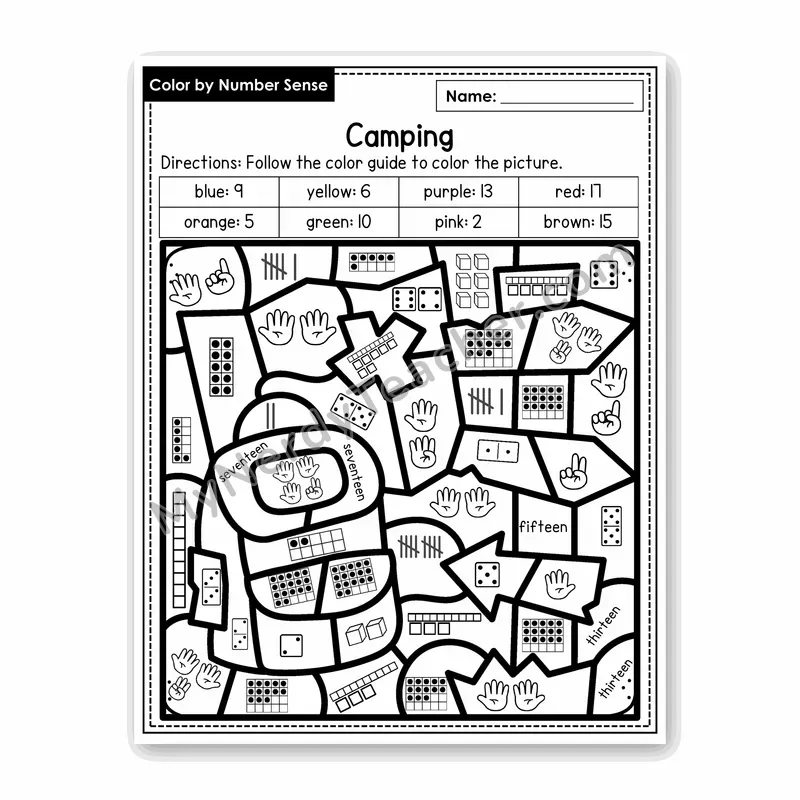Camping Color by Number Sense — Numbers to 20 Worksheet (Set 8)