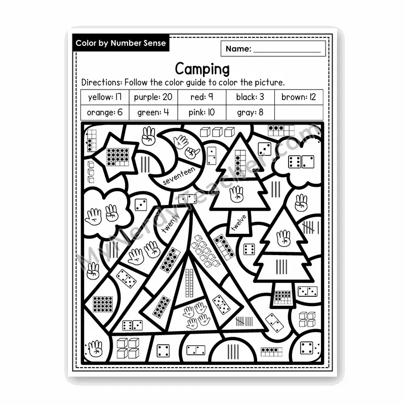 Camping Color by Number Sense — Numbers to 20 Worksheet (Set 5)