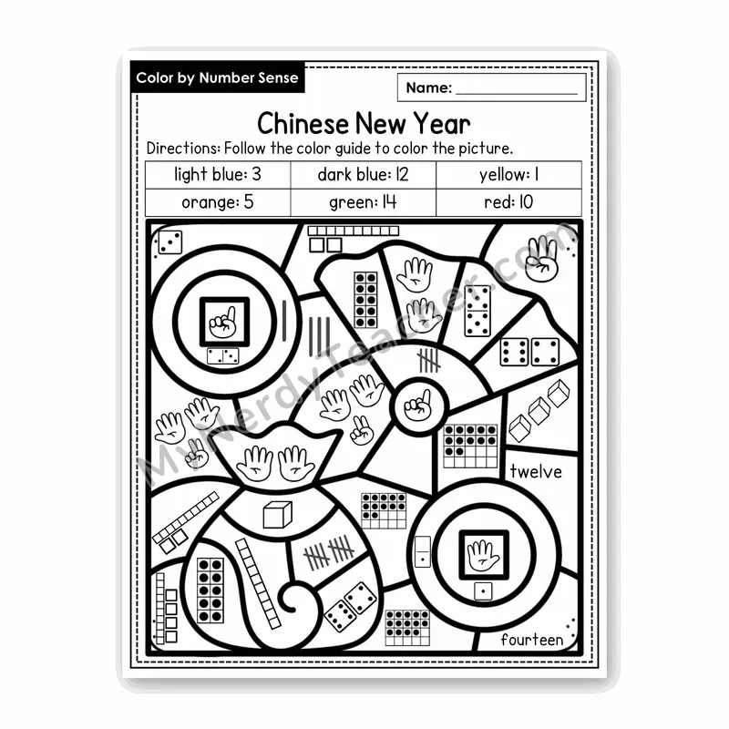 Chinese New Year Color by Number Sense — Numbers to 20 Worksheet (Set 5)