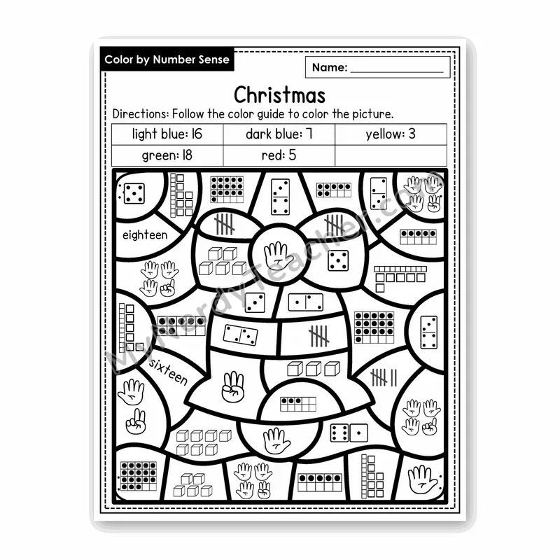 Christmas Color by Number Sense — Numbers to 20 Worksheet (Set 1)