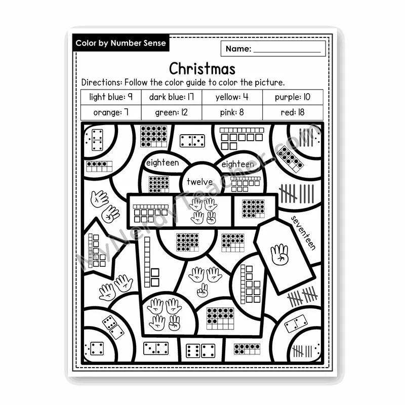 Christmas Color by Number Sense — Numbers to 20 Worksheet (Set 2)