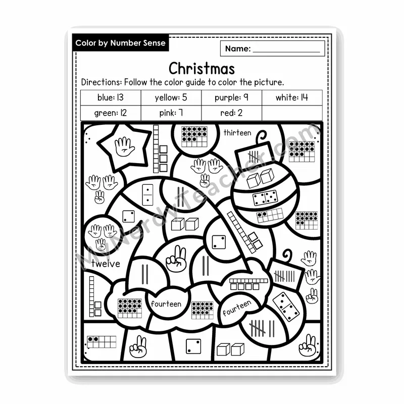 Christmas Color by Number Sense — Numbers to 20 Worksheet (Set 7)