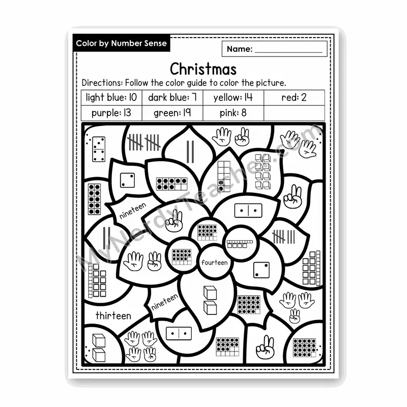 Christmas Color by Number Sense — Numbers to 20 Worksheet (Set 6)
