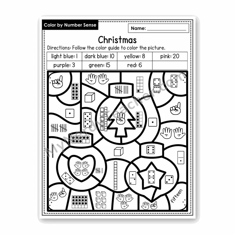 Christmas Color by Number Sense — Numbers to 20 Worksheet (Set 5)